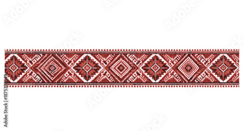 Traditional Ukrainian embroidery pattern with geometric diamond shapes in red and white