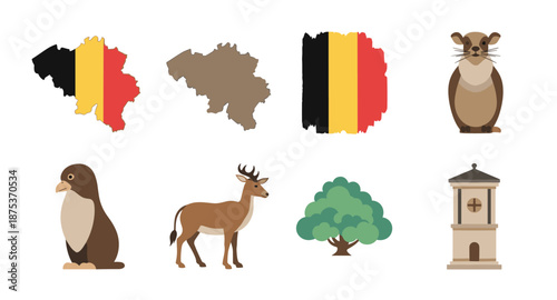 Collection of Belgian symbols including maps, flag, animals, and architecture