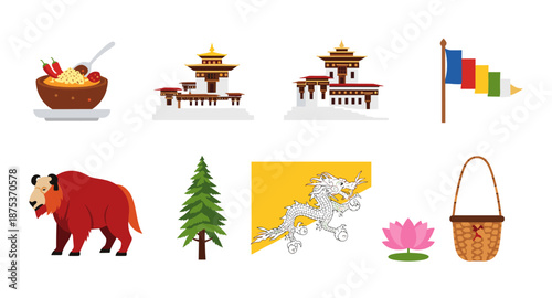 Bhutanese cultural symbols and landmarks collection with dragon flag and dzong architecture