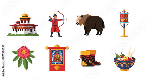 Bhutanese cultural symbols and landmarks illustrated in a flat design style