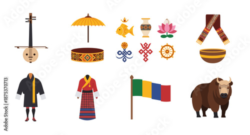 Collection of Bhutanese cultural symbols and traditional elements