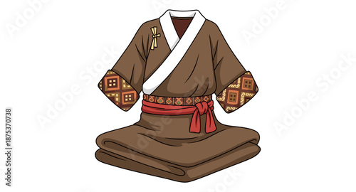 Traditional Japanese Kimono with intricate patterns and obi belt, presented in a folded state