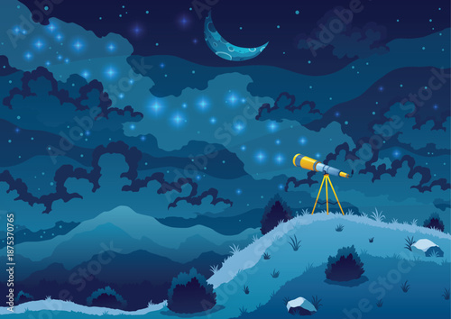 Telescope for space exploration, science discovery and astronomy studying. Background of dark sky with stars. Night landscape with glass on tripod on hill. Equipment for watching