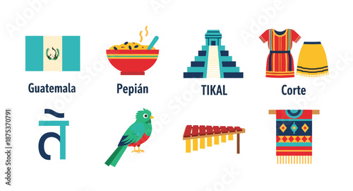 Guatemalan culture symbols including flag, food, ruins, clothing, bird, and music