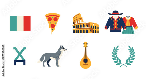 Collection of Italian cultural icons and symbols in a flat design style
