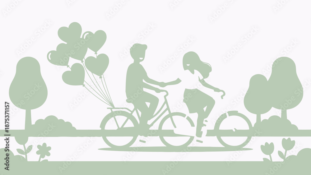 Naklejka premium Romantic Couple Riding Bicycles in Park Holding Hands with Heart Balloons. Flat Design Illustration for Love and Dating.