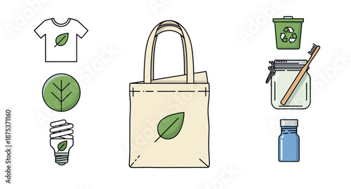 Eco-friendly lifestyle icons featuring reusable items and sustainable choices for a greener planet