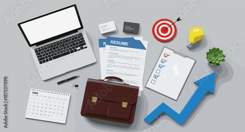 Business desk with laptop, resume, briefcase, and growth arrow for career success