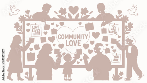 Diverse Community Love Illustration: Multi-generational people writing positive affirmations and supportive messages on a bulletin board for kindness and mental health.