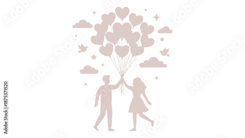 Happy Couple Holding Pastel Heart Balloons in the Sky Vector Illustration. Romantic Flat Design for Love, Celebration, and Valentine's Day.