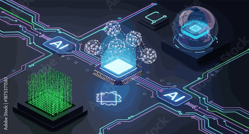 Futuristic AI technology concept with glowing circuits and data processing elements