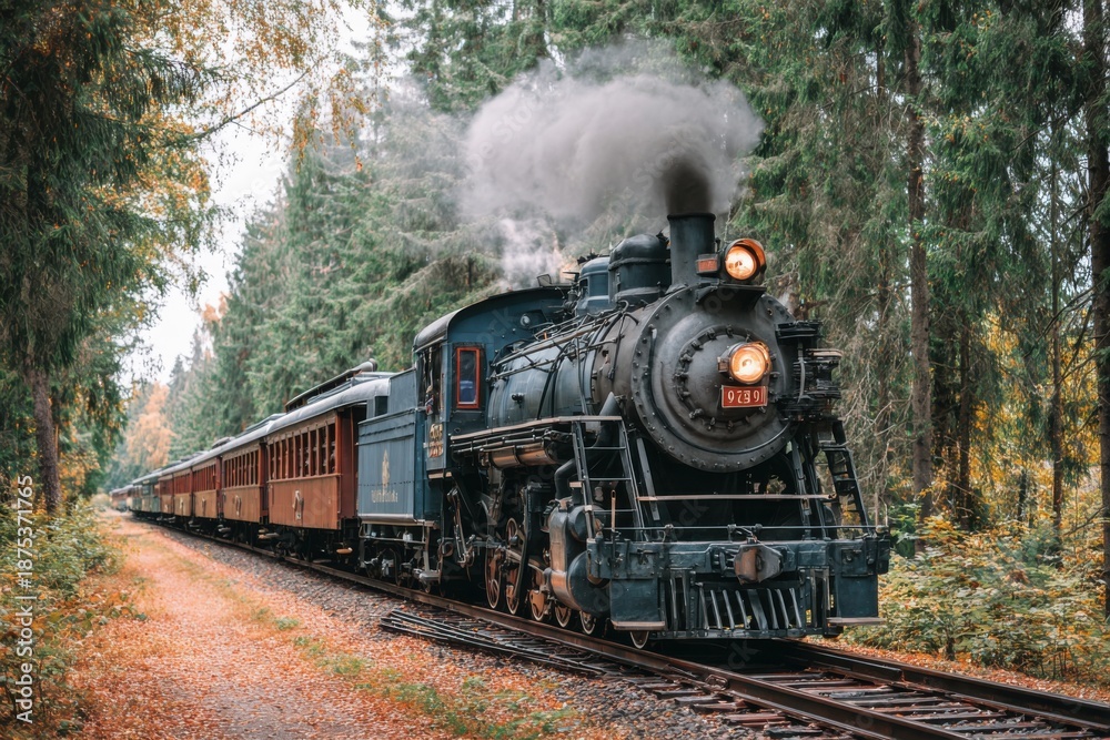 Fototapeta premium A steam train travels along a narrow track through a thick forest. Smoke rises from the engine as it moves forward