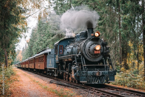 A steam train travels along a narrow track through a thick forest. Smoke rises from the engine as it moves forward