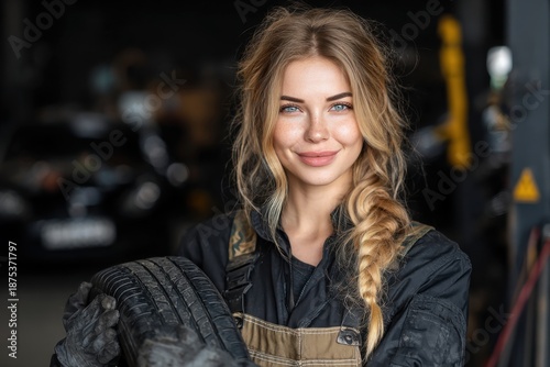 A woman mechanic stands in a garage holding a car tire and smiling while she works on vehicles in the background