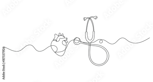 Stethoscope and human heart continuous one line drawing on white background