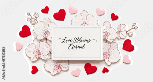 Elegant white orchids and red hearts with a romantic quote "Love Blooms Eternal"