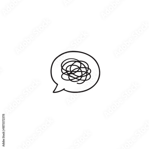 Confused Thoughts Speech Bubble Icon. Minimal hand drawn line illustration of tangled mind, anxiety, overthinking and mental chaos concept.