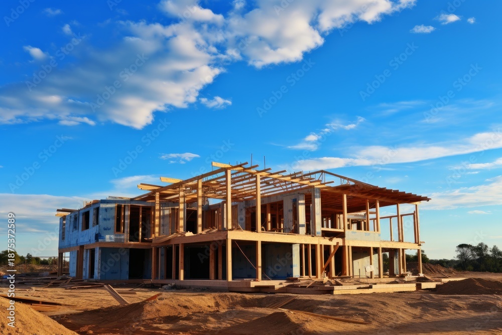 Fototapeta premium Modern residential building framing under construction on a dirt undeveloped land