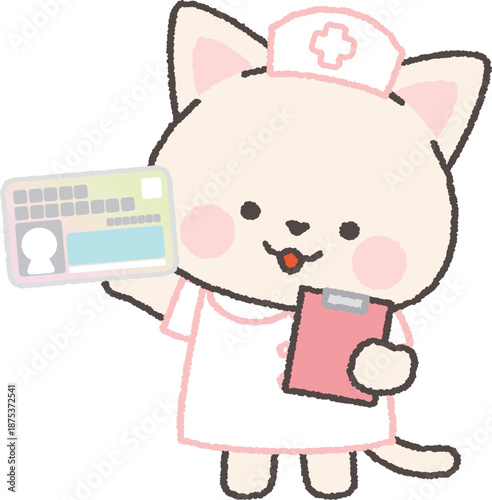 マイナンバーカードを持った白ネコの看護師