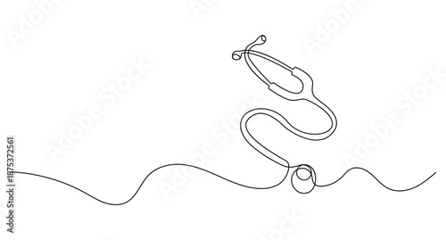 Continuous line drawing of a medical stethoscope silhouette on white background