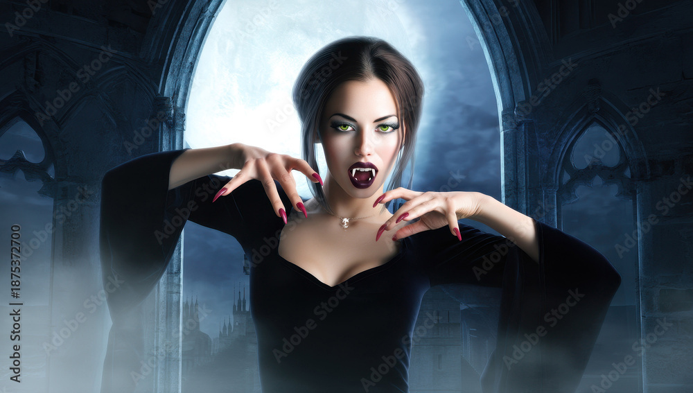 Fototapeta premium Mysterious vampire woman with fangs in a gothic moonlit background
