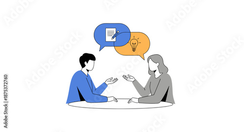 Two people discussing ideas and planning at a table with speech bubbles showing a document and a lightbulb