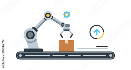 Automated robotic arm on conveyor belt picking up a cardboard box for production line