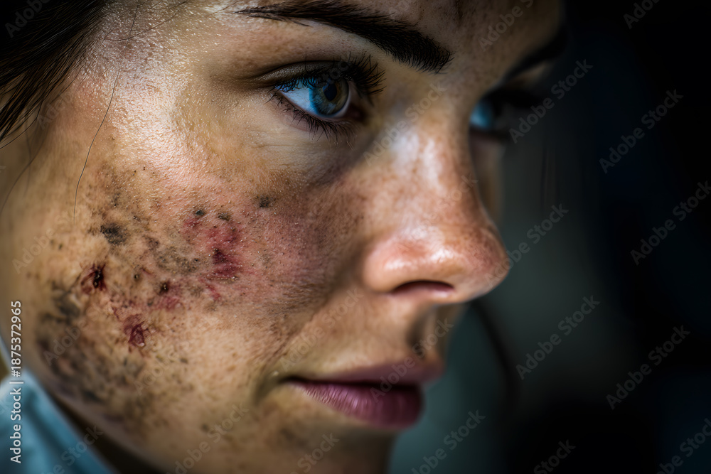 Obraz premium Close-up view of a person showing facial skin conditions in a clinical setting during the daytime