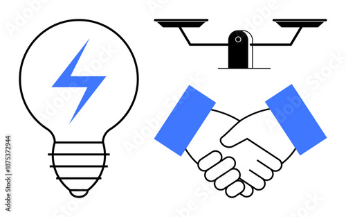 Business ethics, innovation, legal services, teamwork, energy solutions, corporate partnerships. Lightbulb, scales and handshake graphics. Innovation and business ethics concept