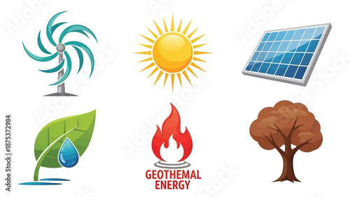 Set of six diverse icons representing various forms of renewable and sustainable energy sources