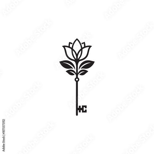 Elegant key with blooming flower and leaves, symbol of growth, mystery, and new beginnings in minimal black line style.