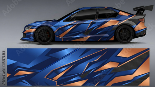 Custom metallic blue and copper geometric car wrap design on a sports sedan.
