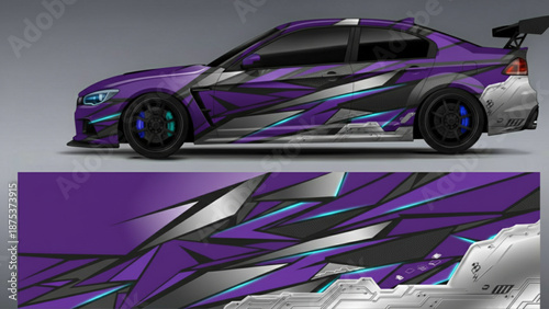 Purple sports car with futuristic geometric graphic wrap design.