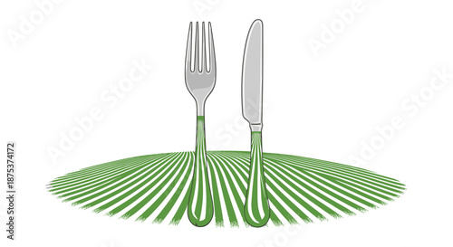 Modern green placemat with silver fork and knife setting, Generative AI.