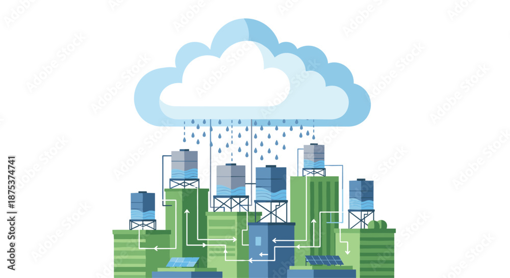 Fototapeta premium Modern sustainable city with rainwater harvesting system and green architecture, Generative AI.