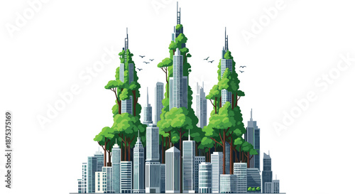 Eco friendly cityscape with green skyscrapers and urban trees, Generative AI.