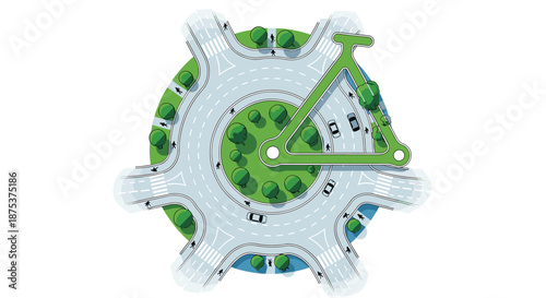 Modern traffic circle with bike lane and cars circulating safely, Generative AI.