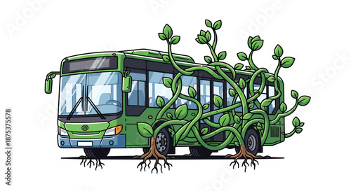 Green bus with vines growing around it symbolizing eco-friendly transportation, Generative AI.