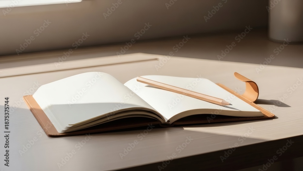 Fototapeta premium Open blank notebook with a pencil on its right page placed on a light wooden desk illuminated by natural light