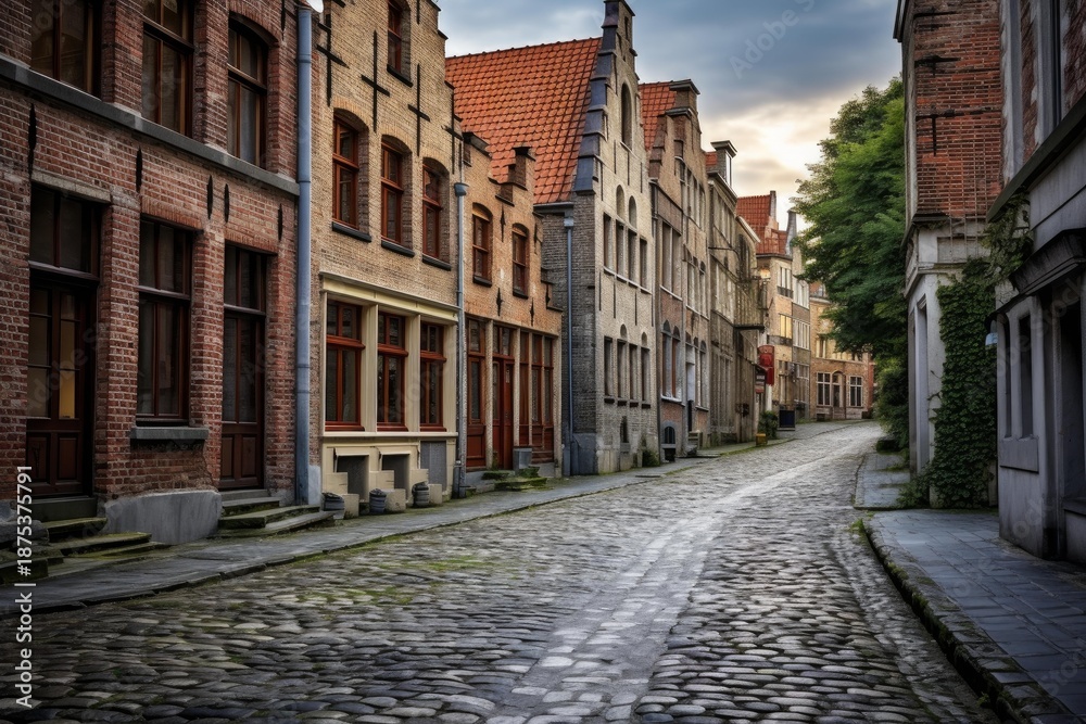 Fototapeta premium Cobblestone street passing by traditional brick buildings in a quiet european old town