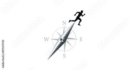 Man running on compass needle towards success and direction, Generative AI.