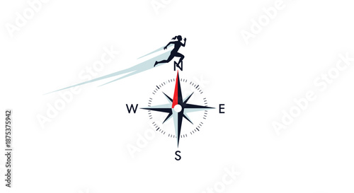 Dynamic woman running on compass symbolizing direction and motivation, Generative AI.