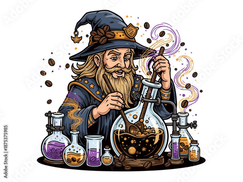 A wizard mixes a mysterious potion in a laboratory filled with various beakers and flasks surrounded by mystical elements