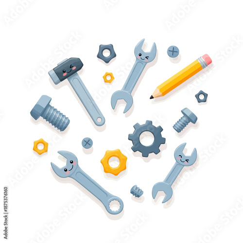 Cute Tools and Hardware Characters with Happy Faces, Vector Illustration