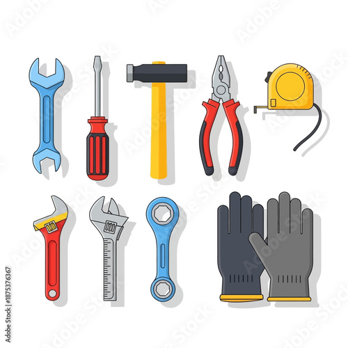 Set of Hand Tools and Work Gloves - Flat Design Illustration