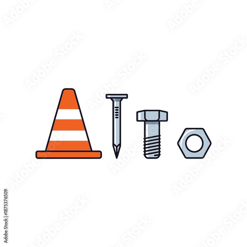 Construction Tools: Orange Traffic Cone, Nail, Bolt and Nut on White Background