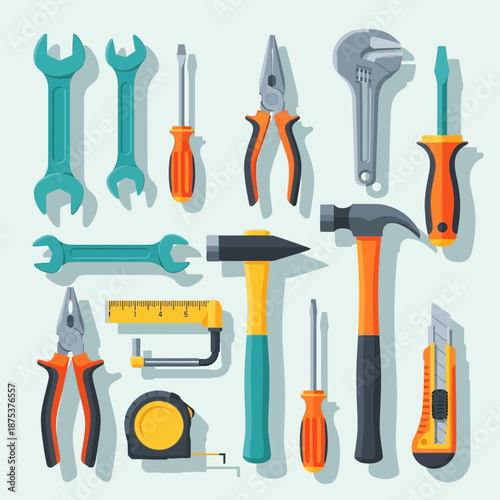 Variety of Tools Collection: Wrenches, Hammers, Screwdrivers, Pliers, Cutter