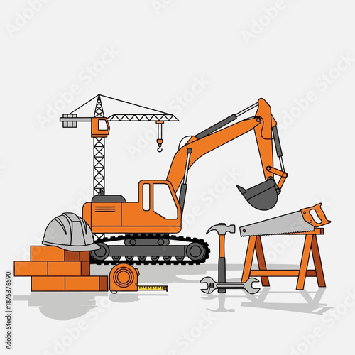 Construction Site Equipment: Crane, Excavator, Tools, Bricks, Hard Hat, and Saw