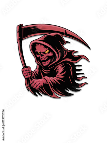 Grim reaper mascot holding scythe in red and black hooded cloak fierce horror emblem for esports team logo halloween sticker tattoo design gaming channel banner and merch stream overlay icon