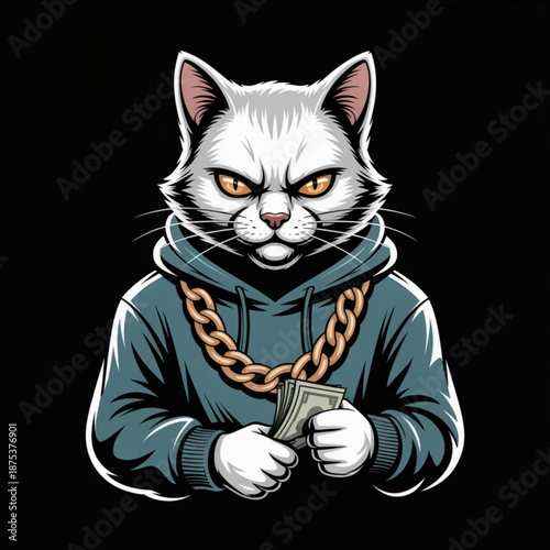 Streetwise angry white cat mascot wearing teal hoodie and heavy gold chain holding cash bundle edgy cartoon character for gaming logo apparel sticker and hip hop branding tshirt merch graphic